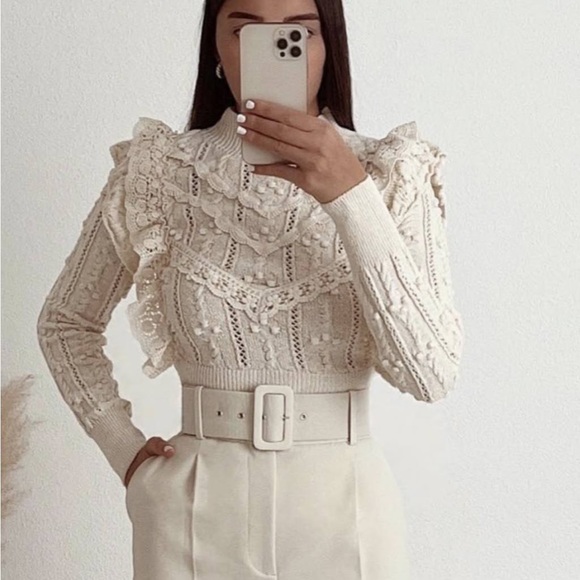 Zara Sweaters - Zara Pointelle Ruffled Cream Knit Mock Neck Sweater